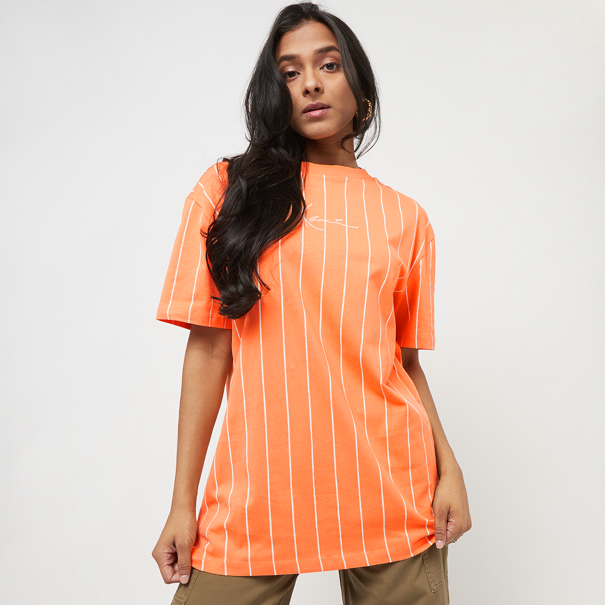 Karl Kani Small Signature Pinstripe Oversized Tee T-shirts Dames orange off white maat: M beschikbare maaten:XS S M L
